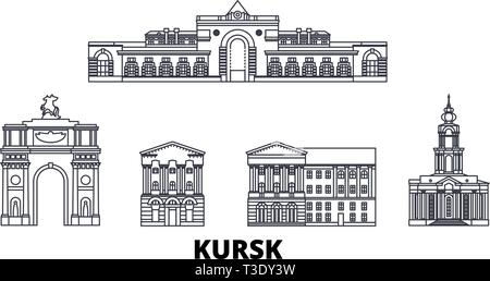 La Russia, Kursk linea skyline di viaggio set. Russia, Kursk città outline illustrazione vettoriale, simbolo, siti di viaggi, punti di riferimento. Illustrazione Vettoriale