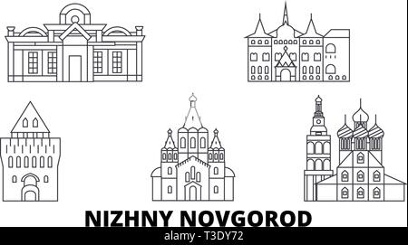 Russia, Nizhny Novgorod linea skyline di viaggio set. Russia, Nizhny Novgorod delineare city illustrazione vettoriale, simbolo, siti di viaggi, punti di riferimento. Illustrazione Vettoriale