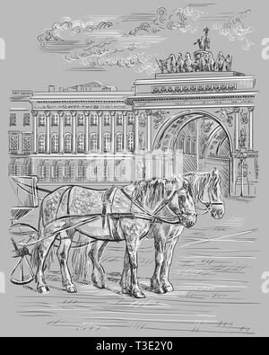 Vista su due cavalli e carrozze, l'Arco di Trionfo sulla Piazza del Palazzo a San Pietroburgo, Russia. Punto di riferimento di San Pietroburgo. Vettore isolato lato Illustrazione Vettoriale