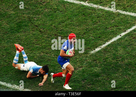 Rugby francese i giocatori attorno a punti in una partita contro l'Argentina. Foto Stock