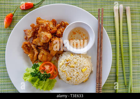 Tradizionale vietnamita di maiale fritto tritare con la citronella servito con salsa di pomodoro e riso fritto con uova. Bacchette di legno sul lato. Vista dall'alto. Foto Stock