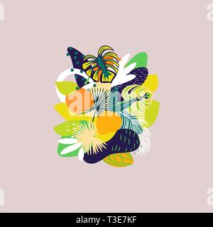 Frutta estiva banner di piante con foglie tropicali, esotici design floreale per banner, volantini, poster, un sito web o in un biglietto di auguri. Illustrazione Vettoriale