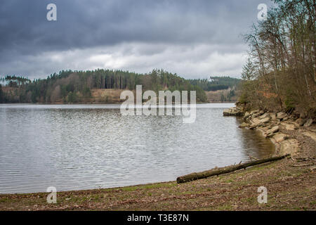 Ottensteiner Stausee (serbatoio lago), Zwettl, Austria inizio di aprile in un giorno nuvoloso Foto Stock