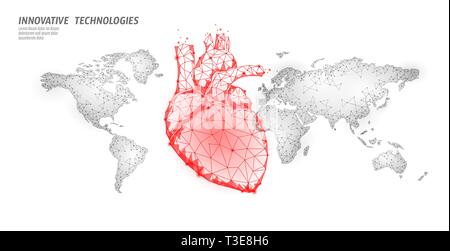 Mondo di attacco di cuore giorno consapevolezza. Salute Medicina poster modello. rosso cuore poligonale sulla mappa del mondo global healthcare cardiologia illustrazione vettoriale Illustrazione Vettoriale