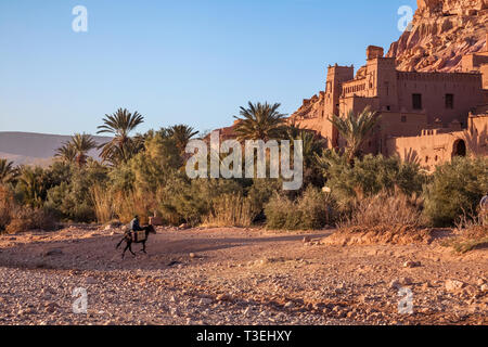 Un uomo a cavallo con il Ksar Aït-Ben-Haddou, Aït Benhaddou‌, provincia di Ouarzazate, Drâa-Tafilalet, Marocco, Africa. Foto Stock
