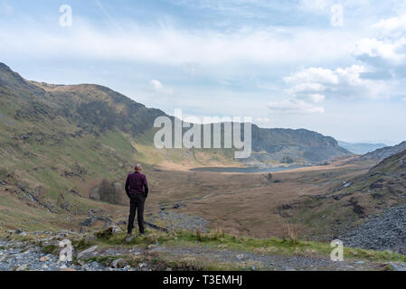 Un viandante godendo della vista di Plas Cwmorthin, terrazza e Rhosydd cava di ardesia a Blaenau Ffestiniog in Gwynedd, Galles Foto Stock