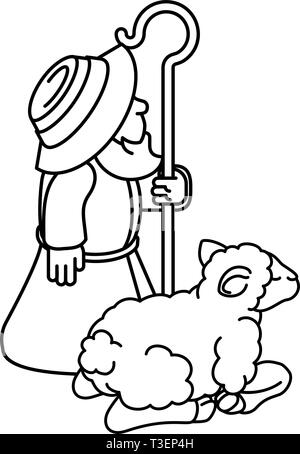 Cartoon tradizionale di pastore e di pecora o agnello Illustrazione Vettoriale