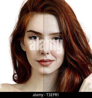 Giovane donna prima e dopo il ringiovanimento. Foto Stock