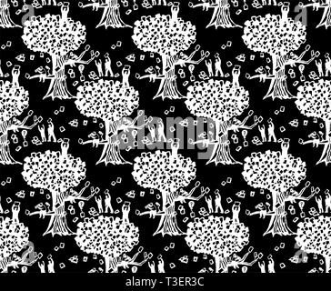 Abstract business tre persone e documenti dark seamless pattern. Monocromatico illustrazione vettoriale EPS8 Illustrazione Vettoriale