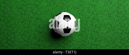 Soccer Football concetto. Pallone da calcio, bianco e di colore nero su verde erba, banner, vista dall'alto, 3d illustrazione Foto Stock