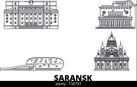 Russia, Saransk linea skyline di viaggio set. Russia, Saransk città outline illustrazione vettoriale, simbolo, siti di viaggi, punti di riferimento. Illustrazione Vettoriale