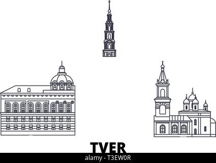 Russia, Tver linea skyline di viaggio set. Russia, Tver città outline illustrazione vettoriale, simbolo, siti di viaggi, punti di riferimento. Illustrazione Vettoriale