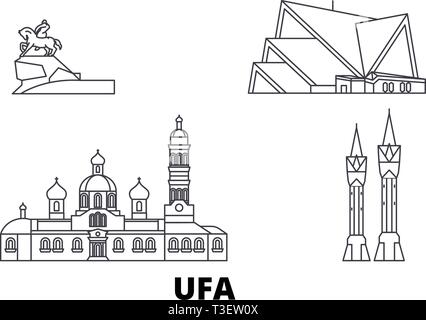 La Russia, Ufa linea skyline di viaggio set. Russia, Ufa città outline illustrazione vettoriale, simbolo, siti di viaggi, punti di riferimento. Illustrazione Vettoriale