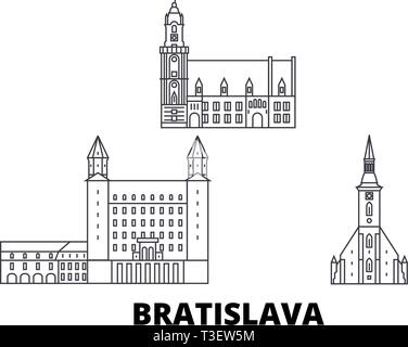 La Slovacchia, Bratislava linea skyline di viaggio set. La Slovacchia, Bratislava città outline illustrazione vettoriale, simbolo, siti di viaggi, punti di riferimento. Illustrazione Vettoriale