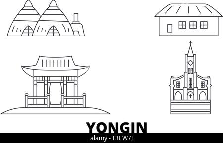 Corea del Sud, Yongin linea skyline di viaggio set. Corea del Sud, contorno Yongin city illustrazione vettoriale, simbolo, siti di viaggi, punti di riferimento. Illustrazione Vettoriale