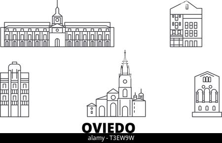 Spagna, Oviedo linea skyline di viaggio set. Spagna, Oviedo città outline illustrazione vettoriale, simbolo, siti di viaggi, punti di riferimento. Illustrazione Vettoriale