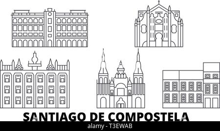 Spagna Santiago De Compostela linea skyline di viaggio set. Spagna Santiago De Compostela città outline illustrazione vettoriale, simbolo, siti di viaggio Illustrazione Vettoriale