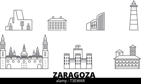 Spagna, Saragozza linea skyline di viaggio set. Spagna, Saragozza Città outline illustrazione vettoriale, simbolo, siti di viaggi, punti di riferimento. Illustrazione Vettoriale