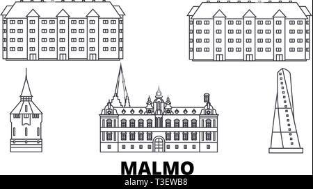 La Svezia, Malmo linea skyline di viaggio set. La Svezia, Malmo città outline illustrazione vettoriale, simbolo, siti di viaggi, punti di riferimento. Illustrazione Vettoriale