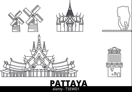 Thailandia, Pattaya linea skyline di viaggio set. Thailandia, Pattaya città outline illustrazione vettoriale, simbolo, siti di viaggi, punti di riferimento. Illustrazione Vettoriale