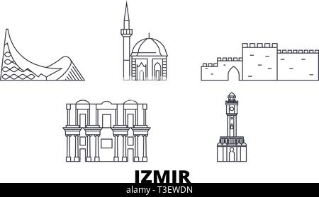 La Turchia, Izmir linea skyline di viaggio set. Turchia, Izmir città outline illustrazione vettoriale, simbolo, siti di viaggi, punti di riferimento. Illustrazione Vettoriale