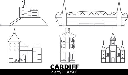 Regno Unito, Cardiff linea skyline di viaggio set. Regno Unito, contorno di Cardiff City illustrazione vettoriale, simbolo, siti di viaggi, punti di riferimento. Illustrazione Vettoriale