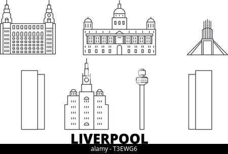 Regno Unito, Liverpool linea skyline di viaggio set. Regno Unito, contorno di Liverpool City illustrazione vettoriale, simbolo, siti di viaggi, punti di riferimento. Illustrazione Vettoriale