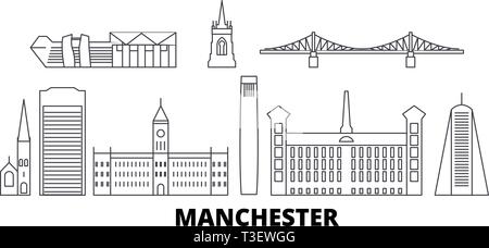 Regno Unito, Manchester linea skyline di viaggio set. Regno Unito, contorno di Manchester City illustrazione vettoriale, simbolo, siti di viaggi, punti di riferimento. Illustrazione Vettoriale