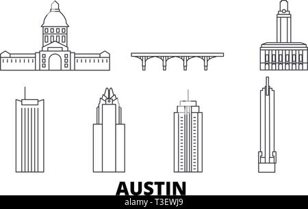 Stati Uniti, Austin linea skyline di viaggio set. Stati Uniti, contorno di Austin city illustrazione vettoriale, simbolo, siti di viaggi, punti di riferimento. Illustrazione Vettoriale