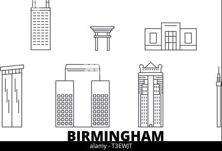 Stati Uniti, Birmingham linea skyline di viaggio set. Stati Uniti, contorno di Birmingham City illustrazione vettoriale, simbolo, siti di viaggi, punti di riferimento. Illustrazione Vettoriale