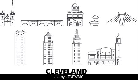 Stati Uniti, Cleveland linea skyline di viaggio set. Stati Uniti, Cleveland città outline illustrazione vettoriale, simbolo, siti di viaggi, punti di riferimento. Illustrazione Vettoriale