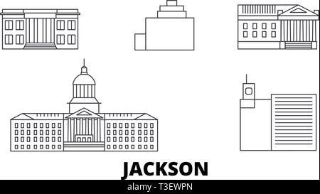 Stati Uniti, Jackson linea skyline di viaggio set. Stati Uniti, Jackson Città outline illustrazione vettoriale, simbolo, siti di viaggi, punti di riferimento. Illustrazione Vettoriale