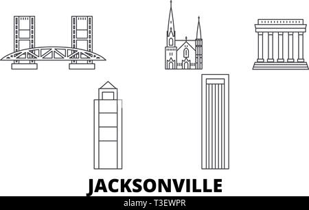 Stati Uniti, linea di Jacksonville skyline di viaggio set. Stati Uniti, contorno di Jacksonville city illustrazione vettoriale, simbolo, siti di viaggi, punti di riferimento. Illustrazione Vettoriale