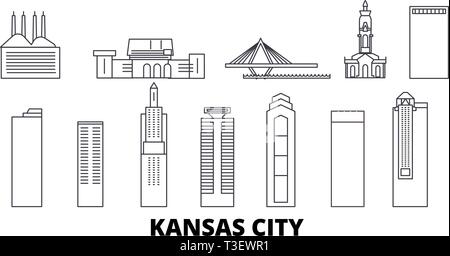 Stati Uniti, Kansas City line travel skyline set. Stati Uniti, Kansas City città outline illustrazione vettoriale, simbolo, siti di viaggi, punti di riferimento. Illustrazione Vettoriale