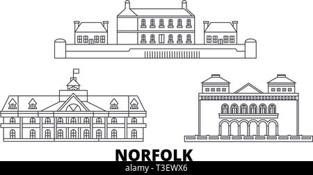 Stati Uniti, Norfolk line skyline di viaggio set. Stati Uniti, Norfolk città outline illustrazione vettoriale, simbolo, siti di viaggi, punti di riferimento. Illustrazione Vettoriale