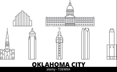 Stati Uniti, Oklahoma City line travel skyline set. Stati Uniti, Oklahoma City città outline illustrazione vettoriale, simbolo, siti di viaggi, punti di riferimento. Illustrazione Vettoriale