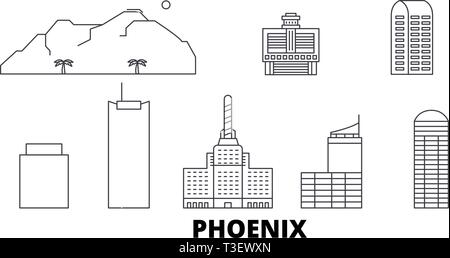 Stati Uniti, Phoenix linea skyline di viaggio set. Stati Uniti, contorno di Phoenix city illustrazione vettoriale, simbolo, siti di viaggi, punti di riferimento. Illustrazione Vettoriale