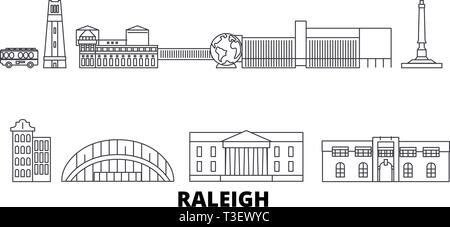 Stati Uniti, Raleigh linea skyline di viaggio set. Stati Uniti, Raleigh città outline illustrazione vettoriale, simbolo, siti di viaggi, punti di riferimento. Illustrazione Vettoriale