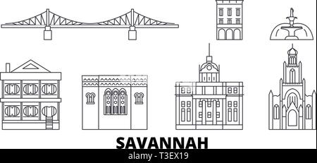 Stati Uniti, Savannah linea skyline di viaggio set. Stati Uniti, Savannah città outline illustrazione vettoriale, simbolo, siti di viaggi, punti di riferimento. Illustrazione Vettoriale