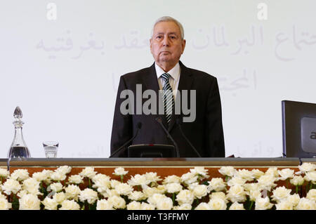 Algeri, Algeria. 09Apr, 2019. Abdelkader Bensalah, Presidente ad interim di Algeria, osserva gli algerini inno nazionale presso il Palazzo della Nazione. Algeria in Parlamento martedì denominato Abdelkader Bensalah, che contemporaneamente anche serve come il Presidente del Consiglio algerino della nazione, come il paese del nuovo presidente ad interim dopo il servizio da lungo tempo leader Abdelaziz Bouteflika si è dimesso la scorsa settimana. Credito: Stringer/dpa/Alamy Live News Foto Stock