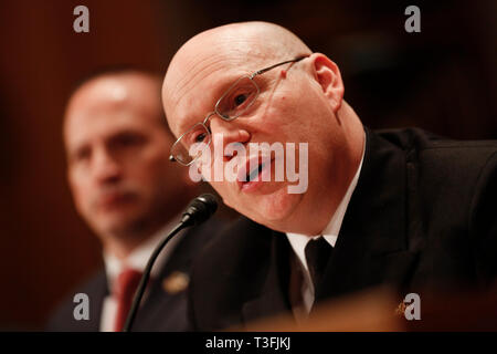 Washington DC, Stati Uniti d'America. 09Apr, 2019. Il comandante Jonathan White, Ph.D, USPH, vice direttore per i programmi per bambini, Ufficio di gestione delle emergenze e operazioni di medici, ufficio di Assistente Segretario per la preparazione e la risposta, Dipartimento della sanità e dei Servizi Umani, testimonia davanti al Senato degli Stati Uniti Comitato per la sicurezza interna e gli affari di governo il 9 aprile 2019. Credito: Stefani Reynolds/CNP | Utilizzo di credito in tutto il mondo: dpa/Alamy Live News Credito: dpa picture alliance/Alamy Live News Foto Stock