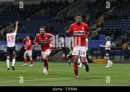 Bolton, Regno Unito. 09Apr, 2019. Il Middlesbrough Ashley Fletcher festeggia dopo aver segnato il loro primo obiettivo durante il cielo di scommessa match del campionato tra Bolton Wanderers e Middlesbrough presso l Università di Bolton Stadium Credito: MI News & Sport /Alamy Live News Foto Stock