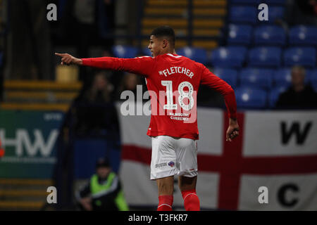 Bolton, Regno Unito. 09Apr, 2019. Ashley Fletcher di Middlesbrough festeggia dopo aver segnato il loro secondo obiettivo durante il cielo di scommessa match del campionato tra Bolton Wanderers e Middlesbrough presso l Università di Bolton Stadium Credito: MI News & Sport /Alamy Live News Foto Stock