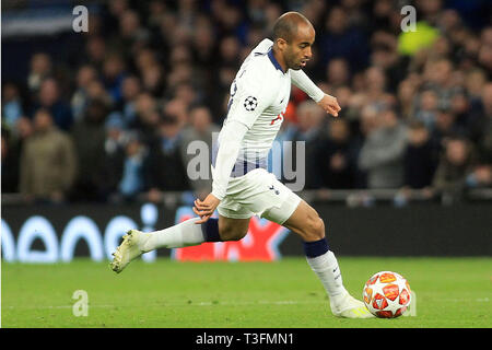 Londra, Regno Unito. 09Apr, 2019. Lucas Moura del Tottenham Hotspur in azione. La UEFA Champions League, quarti di finale, prima gamba corrispondono, Tottenham Hotspur v Manchester City al Tottenham Hotspur Stadium di Londra martedi 9 aprile 2019. Questa immagine può essere utilizzata solo per scopi editoriali. Solo uso editoriale, è richiesta una licenza per uso commerciale. Nessun uso in scommesse, giochi o un singolo giocatore/club/league pubblicazioni . pic da Steffan Bowen/Andrew Orchard fotografia sportiva/Alamy Live news Credito: Andrew Orchard fotografia sportiva/Alamy Live News Foto Stock