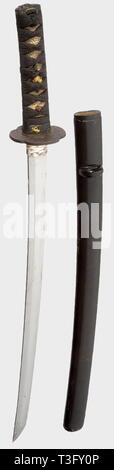 Un wakizashi, il Giappone, la seconda metà del periodo Edo shinogi lama-zukuri, chu-kissaki, torii-ZORI in paglia di riso con, midare hamon sulla base di notare, yaki tsuno boshi senza kaeri. Chu-mokume hada. Lievi segni di stanchezza, con numerose piccole kizu, nel centro fukure yabure (non ancora aperta la fucinatura difetto). Nakago con due mekugi-ana e kiri yasurime, inscritto 'Iga no Kami ...' Argento coperto habaki, ghisa mokko tsuba con modello di onda. Fuchi/cascirski di shakudo, cricket, erbe e oxcart in oro su nanako massa. Shakudo menuki parzialmente dorato, una carpa e foglia, nero, Additional-Rights-Clearance-Info-Not-Available Foto Stock