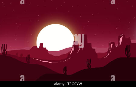 Bella Arizona scenario desertico illustrazione vettoriale.paesaggio di gradiente di wild western nel deserto messicano con montagne rocciose e cactus. Foto Stock