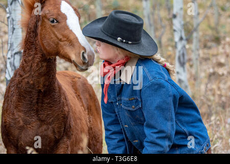 Cowgirl kiss con giovani colt Foto Stock