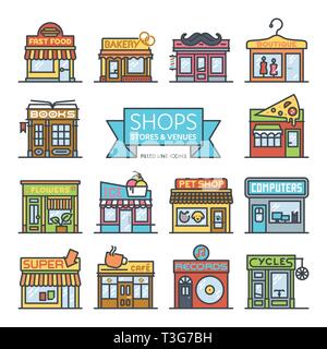 Negozi, i negozi e i luoghi pieni di icone di linea illustrazione vettoriale Illustrazione Vettoriale