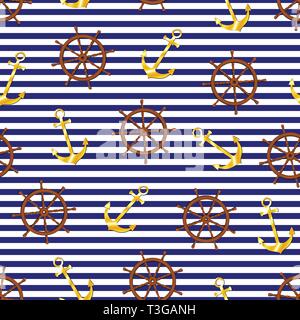 Stile nautico seamless pattern. Golden anchor, nave di legno volante su blu e bianca a strisce dello sfondo. Elegante texture per web design, tessuto, Illustrazione Vettoriale