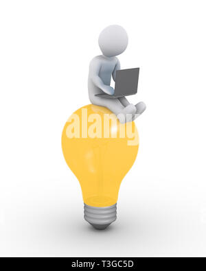 3d persona con laptop è seduto su una lampadina Foto Stock